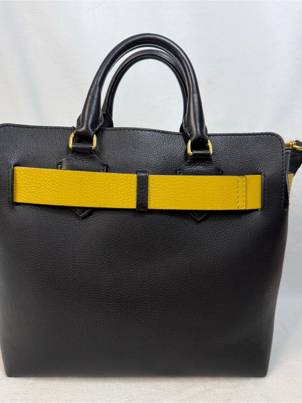 Burberry Black Leather Tote with Yellow Strap and Green Shoulder Strap - Picture 2 of 12
